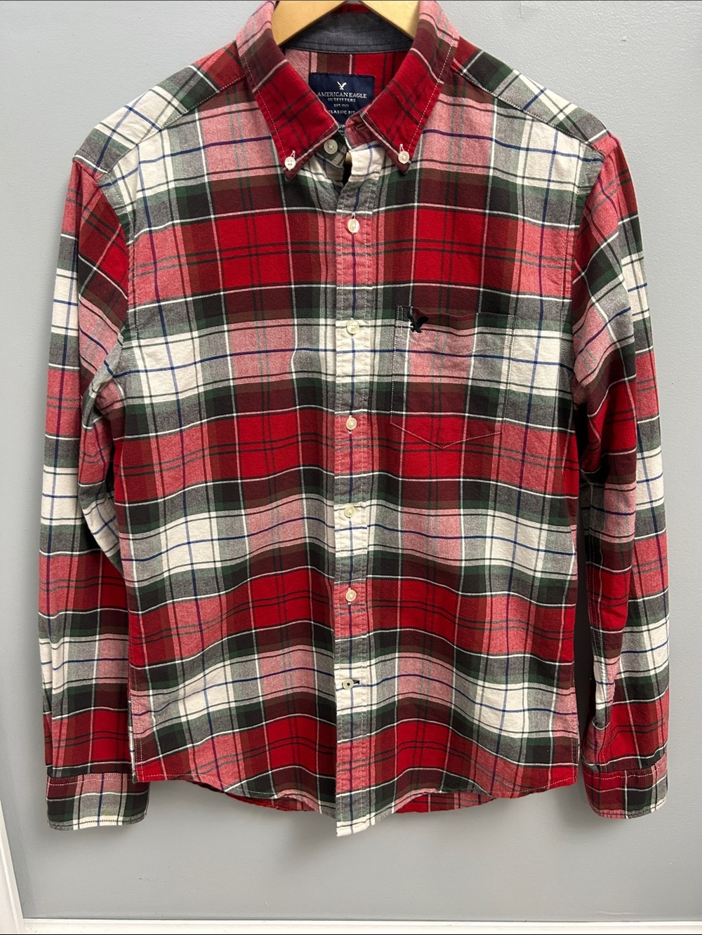 American Eagle Men’s S Plaid Flannel Button Down Shirt Red White Green